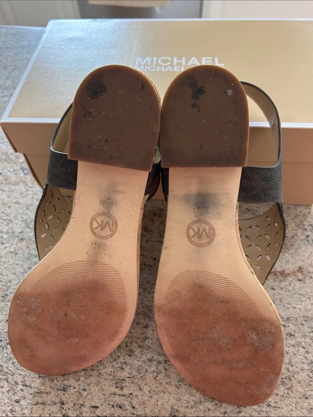 Michael Kors Black Laser-Cut Cork Wedge Thong Sandals